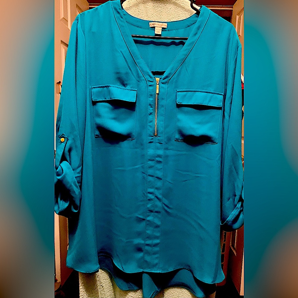 Cato Turquoise Blue Blouse with Mandarin Collar